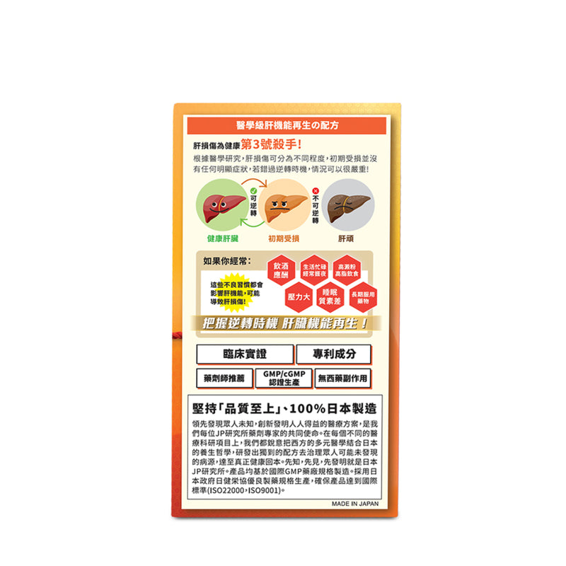Return回本肝機能再生配方 60粒 5重肝機能再生功效 - 減少肝脂肪、降低肝酵素、平衡肝膽 - 強化肝臟解毒功能、紓解疲勞、解洒排毒 - 保護肝臟、加強抗氧化、減肝問題風險 - 修復受損及促進肝臟細胞再生 - 阻隔碳水化合物吸收