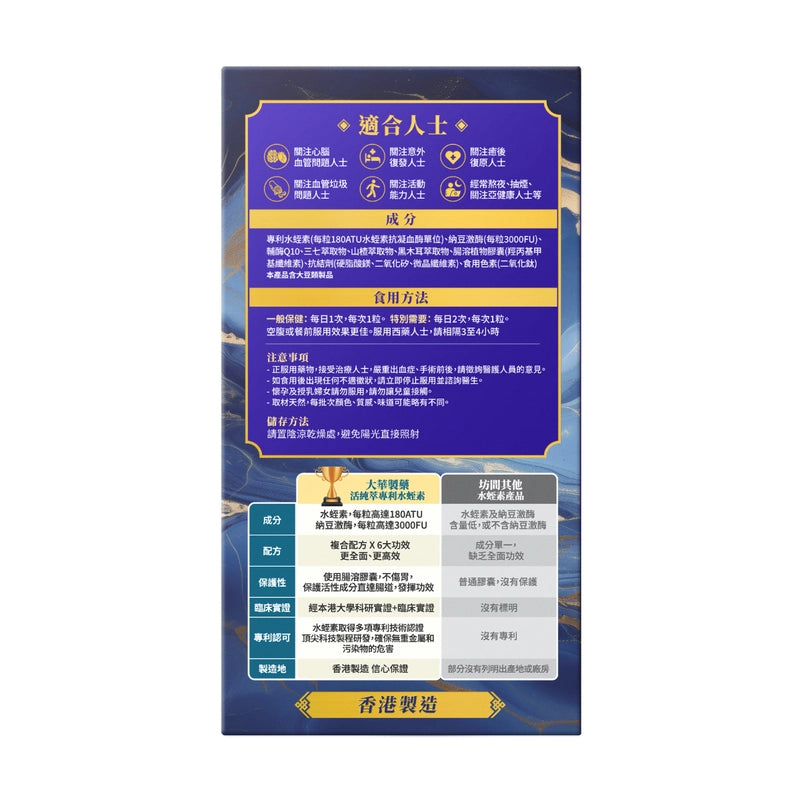 Tai Wah⼤華製藥 活純萃水蛭素 60粒 增強凝血力調節心腦血指標 令血管柔韌有彈性強心肌 軟化血管改善血液循環 降脂通脈強化心肌 降低血黏預防血管老化