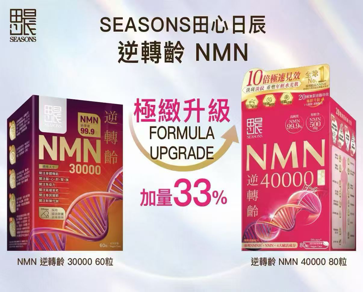 Seasons思晨 田心日辰 NMN逆轉齡30000 60粒 香港行貨 助穩定血脂、膽固醇、改善血管退化、保持血管年輕、維持血管彈性柔韌性及流通暢通，維持心臟健康